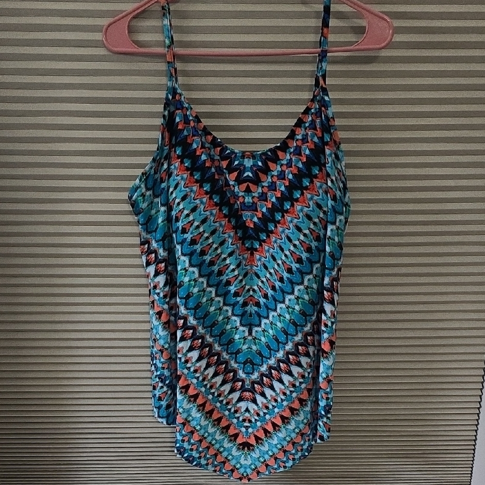Swim Tank Blue & Coral Patterned All Over Slimming Size 16 New